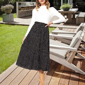 Womens High Waist Polka Dot Pleated Skirt