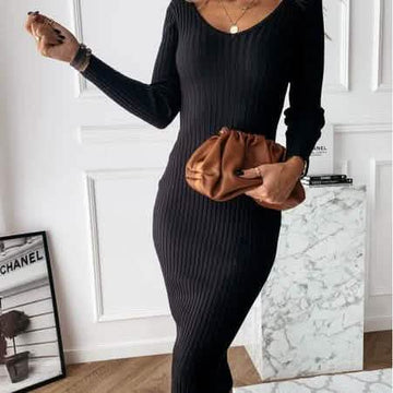 Women's Long Sleeve Dress V-neck Casual Dresses Soid Color Stripe Bodycon Dress Plus Size Long Dress