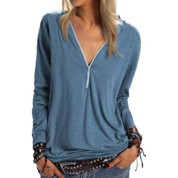 Women's Long Sleeve Zipper Quarter Zip V Neck Casual Top