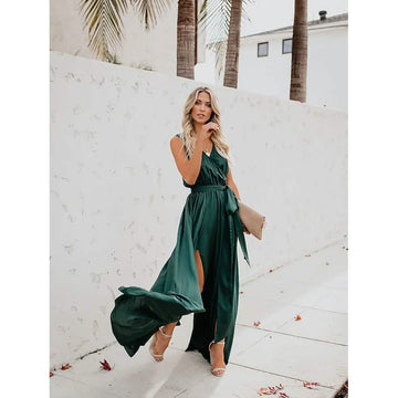 Women's Solid Color Slit Tie Maxi Dress