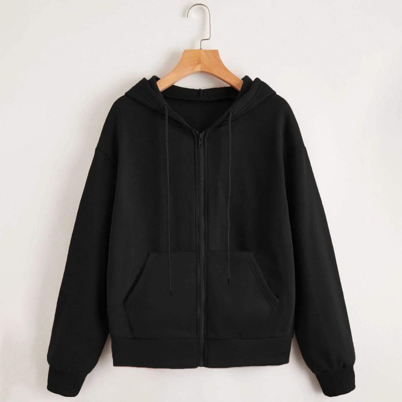 Zip Up Drop Shoulder Drawstring Hoodie