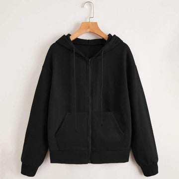 Zip Up Drop Shoulder Drawstring Hoodie